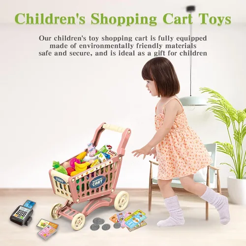 Miniatura 5 de RedCrab Carrito de compras para niños, juguete de supermercado, 54 piezas, incluye carrito de comestibles, tarjeta de crédito, frutas y verduras