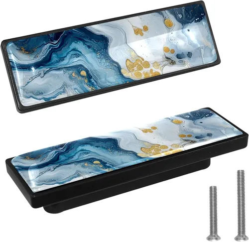 Miniatura 11 de LORVIES Paquete de 4 pomos decorativos de mármol de 3.6 pulgadas para gabinete, vidrio ABS largo rectangular negro, manijas de puerta de cajón