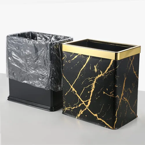 Miniatura 3 de Basurero pequeño de oficina para dormitorio, papelera rectangular delgada para baño, cocina, 2.6 galones (mármol negro dorado)