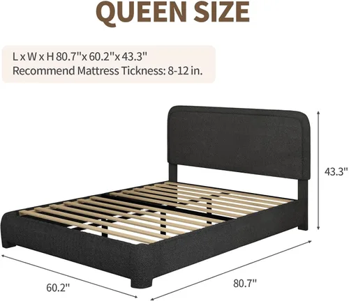 Miniatura 2 de BarnFurin Base de cama tamaño Queen, marco de cama Boucle tapizado con cabecero, esquinas redondeadas suaves, no requiere somier, antideslizante