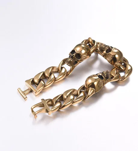 Miniatura 23 de U7 Pulseras góticas de calavera para hombres y mujeres, acero inoxidable, chapado en oro de 18 quilates, plata, negro, punk, esqueleto punk