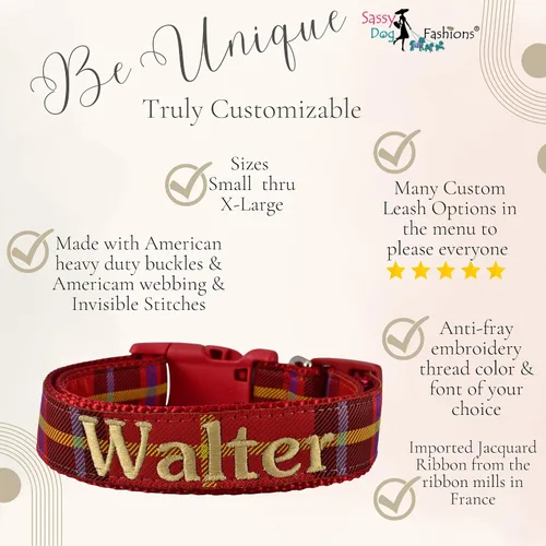 Miniatura 2 de Collar de perro bordado personalizado a cuadros, collares de tartán, nombres para perros pequeños, medianos y grandes