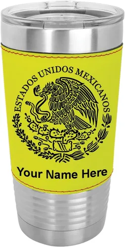 Miniatura 18 de LaserGram Vaso aislado al vacío de 20 onzas, bandera de México, grabado personalizado incluido (piel sintética, negro)