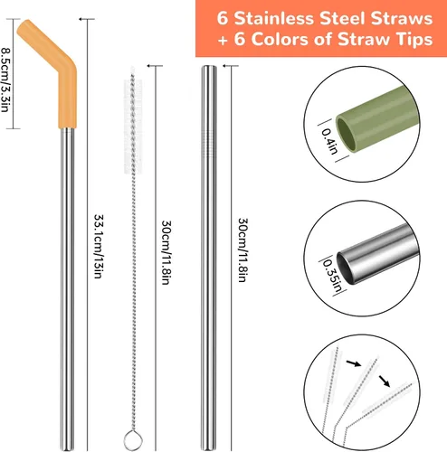 Miniatura 5 de Tomorotec 6 popotes de acero inoxidable con puntas de silicona para vaso Stanley de 40 onzas, juego de popotes reutilizables de 13 pulgadas
