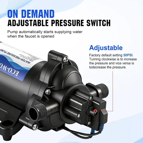 Miniatura 4 de ECO-WORTHY - Bomba de presión de diafragma de agua de la serie 33, industrial, 110V AC, flujo de 4.0 GPM, presión nominal de 50 PSI, bomba