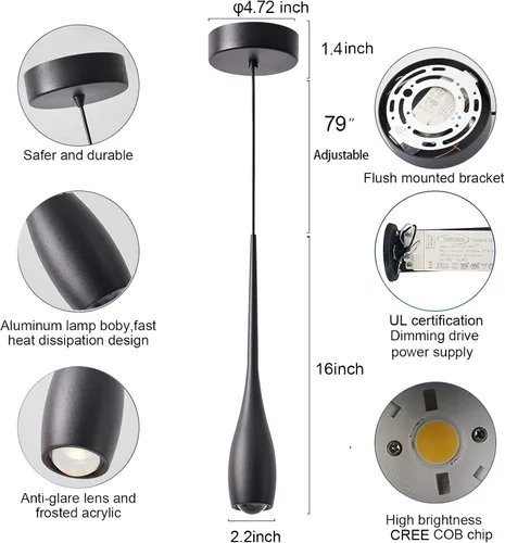 Miniatura 4 de Lámpara colgante negra para isla de cocina, accesorios de lámparas colgantes LED regulables, pequeña lámpara colgante industrial moderna para sobre