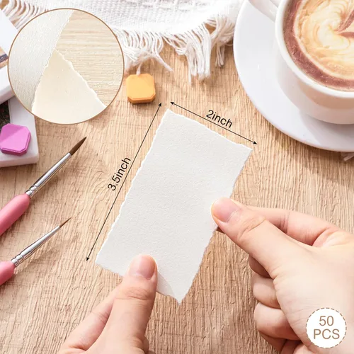 Miniatura 2 de 50 hojas de papel con borde deshilachado de 2 x 3.5 pulgadas, 160 g/m² Papel hecho a mano con textura áspera para acuarela, ideal para invitaciones