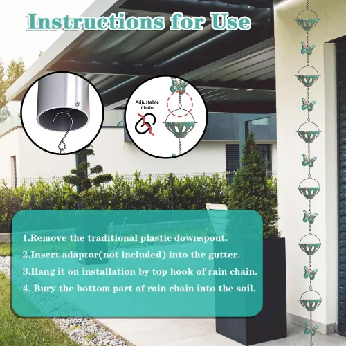 Miniatura 6 de Cadenas de lluvia de 12 pies para exteriores, cadena de lluvia de metal con decoración de mariposa, cadena recolectora de lluvia ajustable con Verde