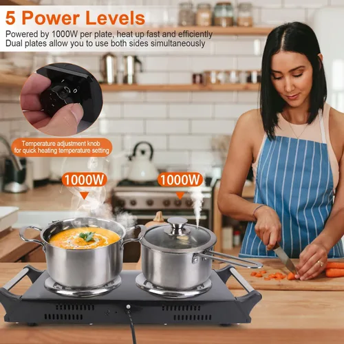 Miniatura 2 de TeqHome Placa caliente, estufa eléctrica portátil de 2000 W para cocinar con asas que se mantienen frescas y 5 niveles de temperatura ajustable