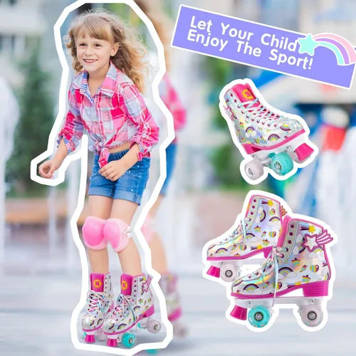 Miniatura 5 de SULIFEEL Patines de unicornio arcoíris para niñas, ruedas iluminadas, patines cuádruples con parte superior reflectante de piel de poliuretano