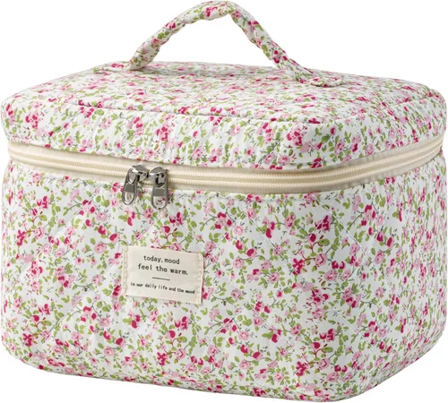 Miniatura 23 de HBselect Bolsa de Maquillaje Acolchada, Bolsa de Maquillaje Grande de Algodón para Viaje, Lindas Bolsas de Maquillaje con Flores Coquette, Bolsas