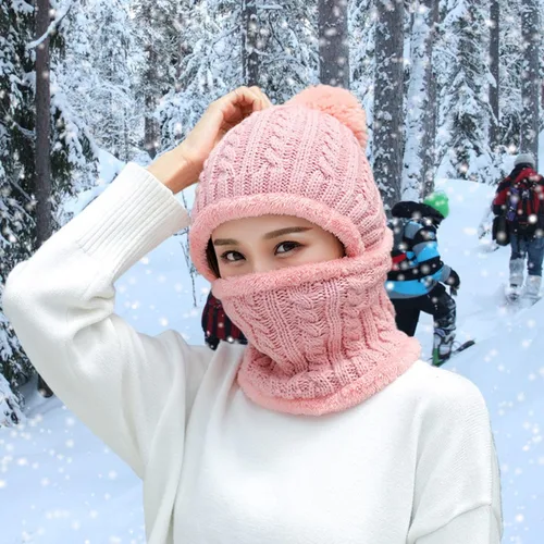 Miniatura 4 de Gorros de invierno para mujer, de una pieza, con forro polar, de punto, pasamontañas, con cuello de calavera, bufanda circular, sombrero de nieve