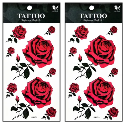 Tatuajes 2 hojas flores rosas rojas tatuajes temporales cuerpo pierna brazo cintura arte etiqueta engomada extraíble estilo 3D moda tatuaje para 13.