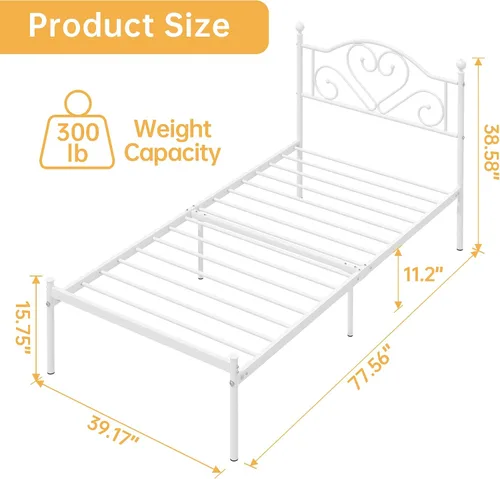 Miniatura 2 de Weehom Base de cama individual con cabecero, plataforma de metal resistente debajo de la cama, espacio de almacenamiento fácil de montar para niños