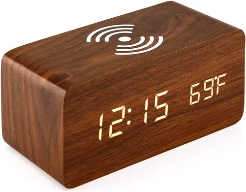 Miniatura 9 de OCT17 Reloj despertador con almohadilla de carga inalámbrica Qi compatible con iPhone Samsung, reloj digital LED de madera, función de control
