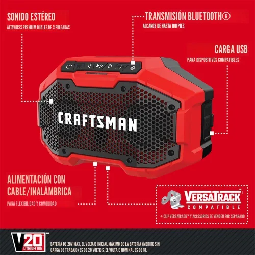 Miniatura 3 de CRAFTSMAN V20 Altavoz Bluetooth Portátil Inalámbrico, Solo Herramienta (CMCR001B), Rojo