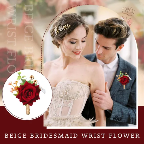 Miniatura 3 de Sherr Juego de 24 boutonniere burdeos para hombre, diseño de rosa para boda, bolsillo con alfileres, para novio, padrinos de boda, ramillete, traje