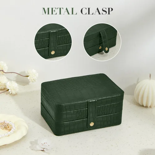 Miniatura 6 de Estuche organizador de joyas de viaje de piel sintética para mujeres y niñas, joyero portátil de 2 capas para aretes, anillos, collares, pulseras
