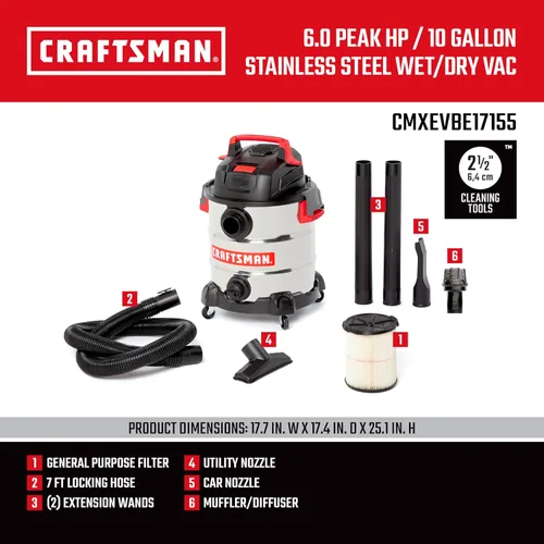 Miniatura 3 de CRAFTSMAN CMXEVBE17155 aspiradora de húmedos/secos de 6.0 picos HP, 10 galones, de acero inoxidable, portátil, para uso en tienda, húmeda y seca