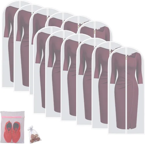 Miniatura 10 de Bolsas de ropa para colgar ropa, bolsa de traje transpirable (juego de 12) fundas con cremallera, bolsas de ropa de PEVA, bolsas protectoras