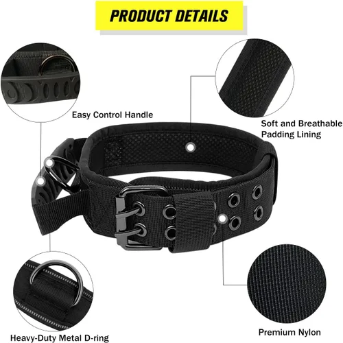 Miniatura 2 de Collar táctico para perro con asa - Collar militar ajustable de entrenamiento para perros de nailon suave y hebilla de metal resistente para perros