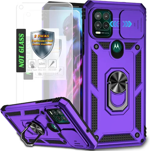 Miniatura 12 de Funda para Moto G Stylus 5G (2021) con cubierta deslizante para cámara y [2 paquetes] a prueba de explosiones, soporte de anillo giratorio de 360°