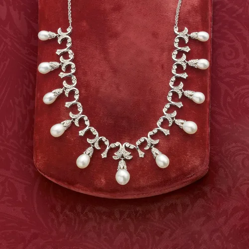 Miniatura 5 de Ross-Simons 6-9mm Cultured Pearl and .20 ct. t.w. Diamond Necklace in Sterling Silver