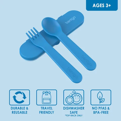 Miniatura 3 de Bentgo Juego de utensilios para niños, tenedor, cuchara y estuche de almacenamiento de plástico reutilizable, materiales sin BPA, asas de fácil