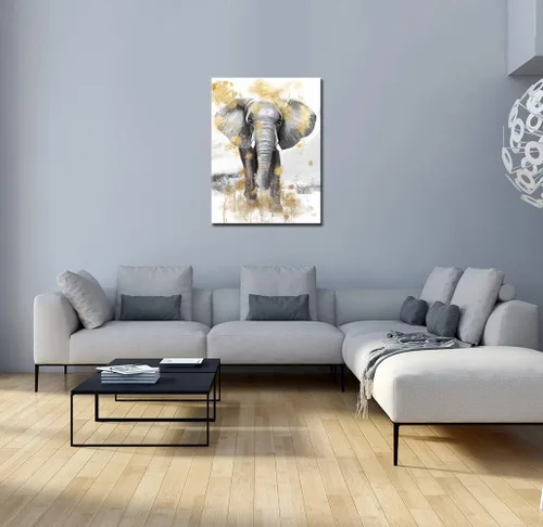 Miniatura 3 de sechars Cuadro moderno de animales para pared, pintura de elefante dorado y gris, impresiones en lienzo, arte contemporáneo para sala de estar