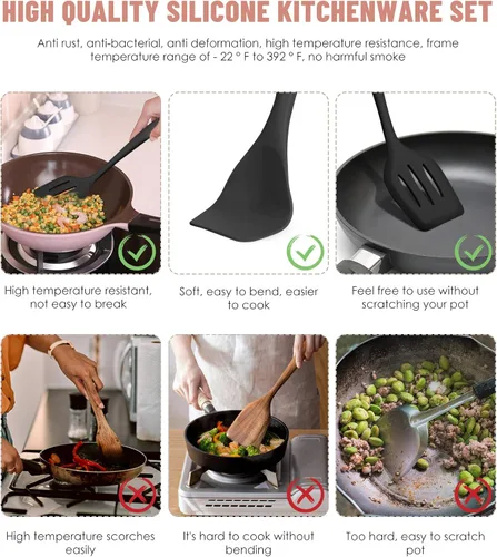 Miniatura 3 de Pranski Juego de utensilios de cocina, 12 piezas, utensilios de cocina de silicona, aptos para lavavajillas, 392 °F, resistente al calor, juego