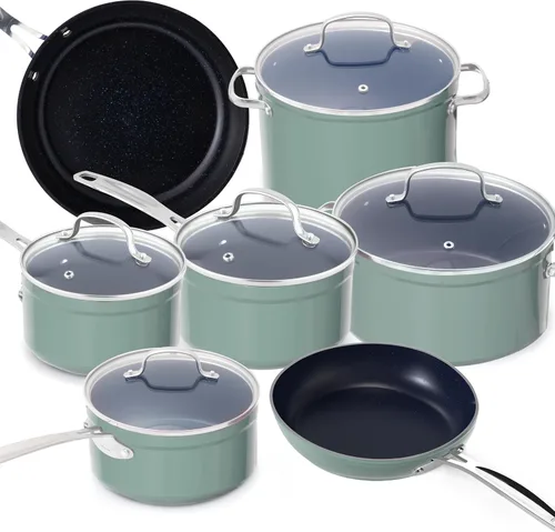 Miniatura 12 de Nuwave - Juego de 12 utensilios de cocina forjados y ligeros, revestimiento ultra antiadherente de cerámica Duralon G10 saludable, tapas de vidrio
