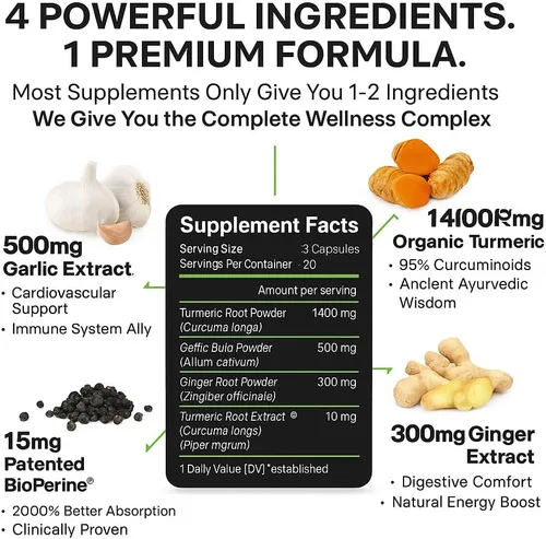 Miniatura 3 de Suplemento de curcumina de cúrcuma con BioPerine y ajo – Cápsulas de raíz de jengibre de cúrcuma de alta potencia de 2360 mg para apoyo articular
