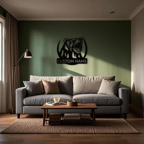 Miniatura 6 de Arte de pared de metal con oso grizzly de bosque, letreros personalizados con nombre de oso rugiente, decoración de pared personalizada de cabaña