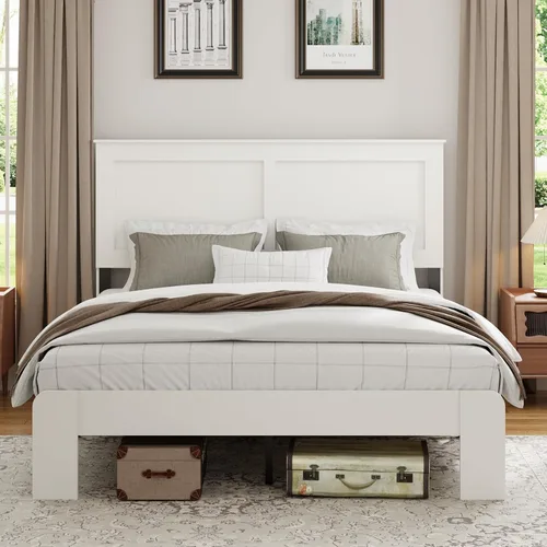 Miniatura 11 de Base de cama completa de madera con cabecera, base de cama de plataforma rústica de granja con soporte de 12 listones de madera, no necesita somier