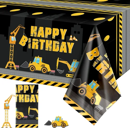 Tatuo Mantel de construcción de feliz cumpleaños, diseño de camión volquete, mantel estampado de tractor, suministros de decoración de fiesta Negro