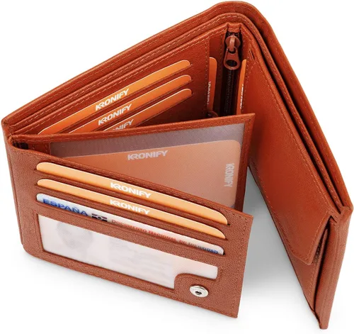 Miniatura 6 de KRONIFY Men's Leather Wallet RFID Blocking Bifold Trifold Wallet Landscape Format Coin Pocket 13 Card Slots Reinforced Seam Gift Box Included