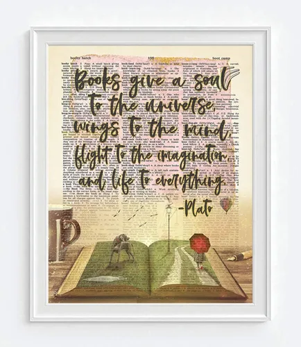 Miniatura 2 de Cartel artístico con cita de Platón, con texto en inglés "Books Give A Soul To the Universe", sin marco, página de diccionario literario vintage