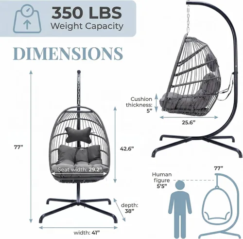 Miniatura 5 de NICESOUL Silla plegable con soporte, cómodas sillas colgantes para patio para adultos, 350 libras, resistente y duradera, sillas de cáscara de huevo