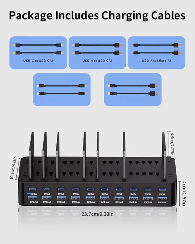 Miniatura 8 de Estación de carga de 270 W para múltiples dispositivos, estación de carga rápida USB de 20 puertos con divisores ajustables y 10 cables, base