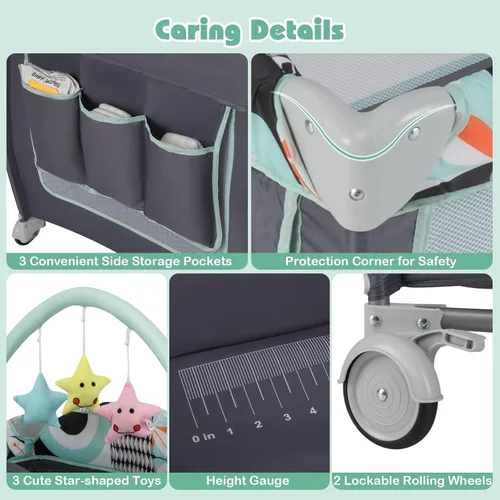 Miniatura 5 de BABY JOY 4 en 1 Pack and Play, corralito portátil para bebé con moisés, puerta lateral con cremallera, cambiador, centro de viaje para interiores