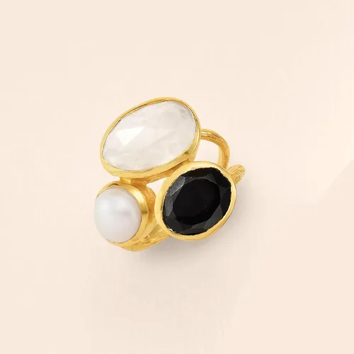 Miniatura 4 de Ross-Simons Onyx, Moonstone and 8mm Cultured Pearl Ring in 18kt Gold Over Sterling