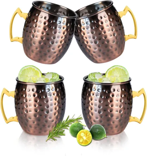 Miniatura 9 de UNISWEET Moscow Mule - Juego de 4 tazas de cobre con acabado martillado pulido, forro de acero inoxidable 304 con mango de cobre dorado, perfecto