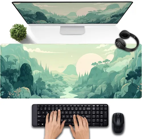 Miniatura 9 de Tapete de escritorio de bosque anime, lindo tapete de mouse verde, tapete de escritorio completo Kawaii estético XXL para juegos Mousemat XL