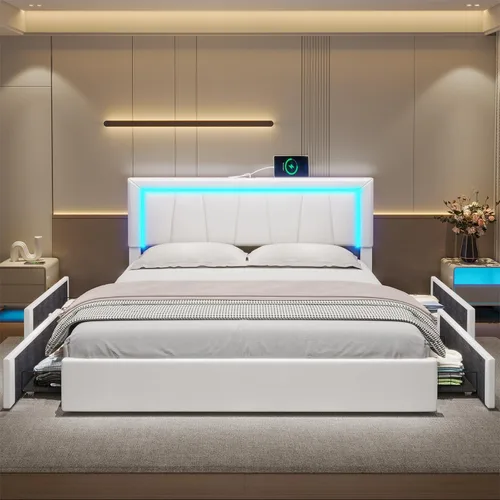 Miniatura 7 de Hasuit Base de cama California King con 4 cajones de almacenamiento debajo, plataforma tapizada tamaño Cal King con cabecera de cuero artificial