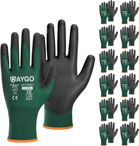 Miniatura 18 de KAYGO KG11PB - Guantes de seguridad con revestimiento delgado de poliuretano, tejido sin costuras, agarre suave en palma y dedos, para trabajo Verde