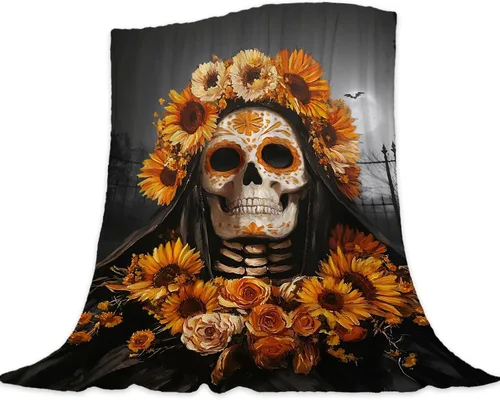 Miniatura 13 de Manta de Halloween – Manta pequeña de calavera vintage para niños y adultos, ligera, esponjosa, suave y acogedora manta de vellón para sofá, cama