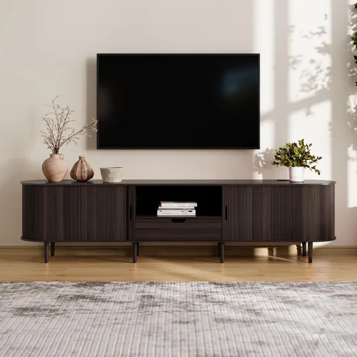 Miniatura 10 de DHH Soporte de TV acanalado de 71 pulgadas con toma de corriente para televisores de hasta 80 pulgadas, consola de TV con estantes ajustables y Negro