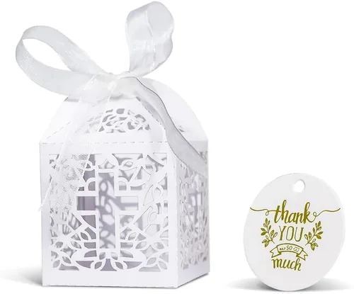 50 cajas de regalo de bautismo, cajas de regalo cortadas con láser de 2.2 x 2.2 x 2.2 pulgadas para baby shower, decoración de primer cumpleaños,