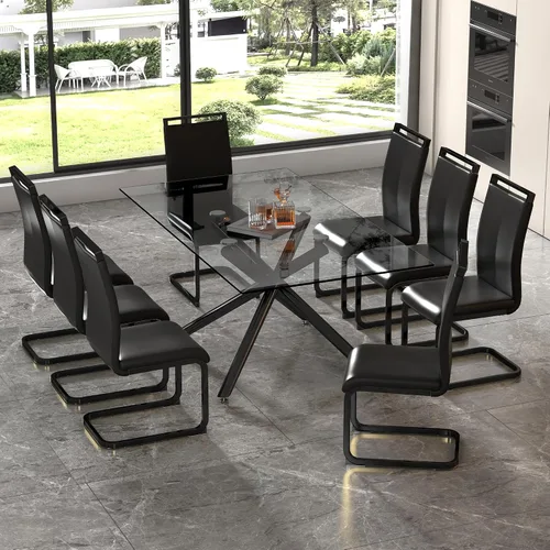 Miniatura 16 de Juego de 8 mesas de comedor de cristal, moderno juego de mesa de comedor de 71 pulgadas con 8 sillas de comedor tapizadas de piel sintética