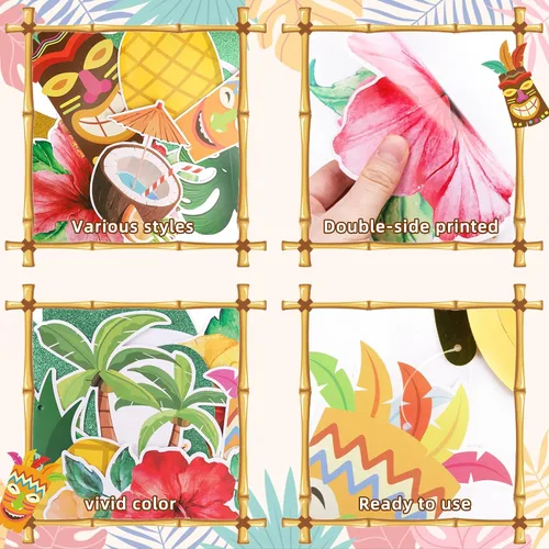Miniatura 5 de Pancarta hawaiana preencordada para fiesta, decoración grande de flamenco tiki tropical para fiesta de cumpleaños Luau para fiesta de cumpleaños